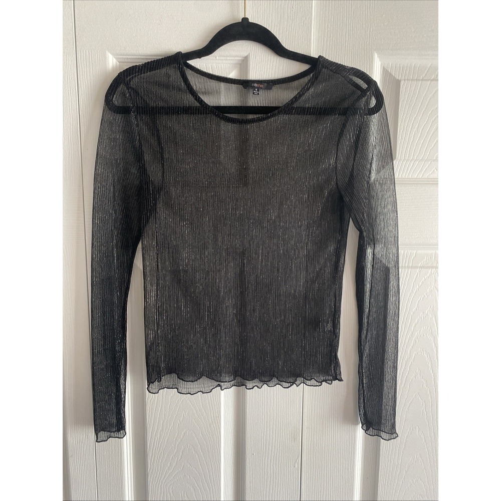Blashe Pleated Metallic Mesh Top Womens Size S Black Sheer Shimmer Y2K Edgy